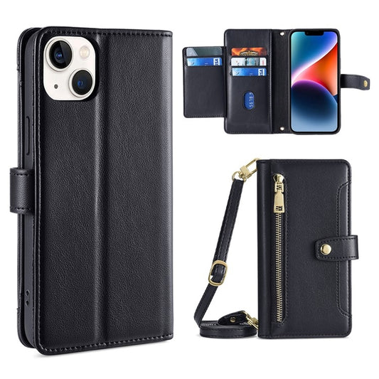 For iPhone 14 Sheep Texture Cross-body Zipper Wallet Leather Phone Case(Black) - iPhone 14 Cases by buy2fix | Online Shopping UK | buy2fix
