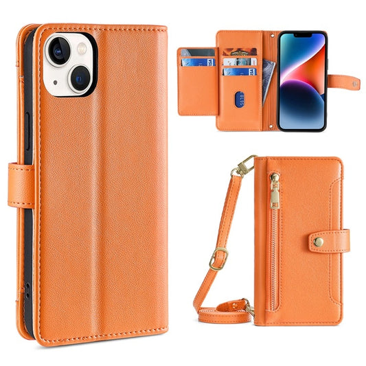 For iPhone 14 Sheep Texture Cross-body Zipper Wallet Leather Phone Case(Orange) - iPhone 14 Cases by buy2fix | Online Shopping UK | buy2fix