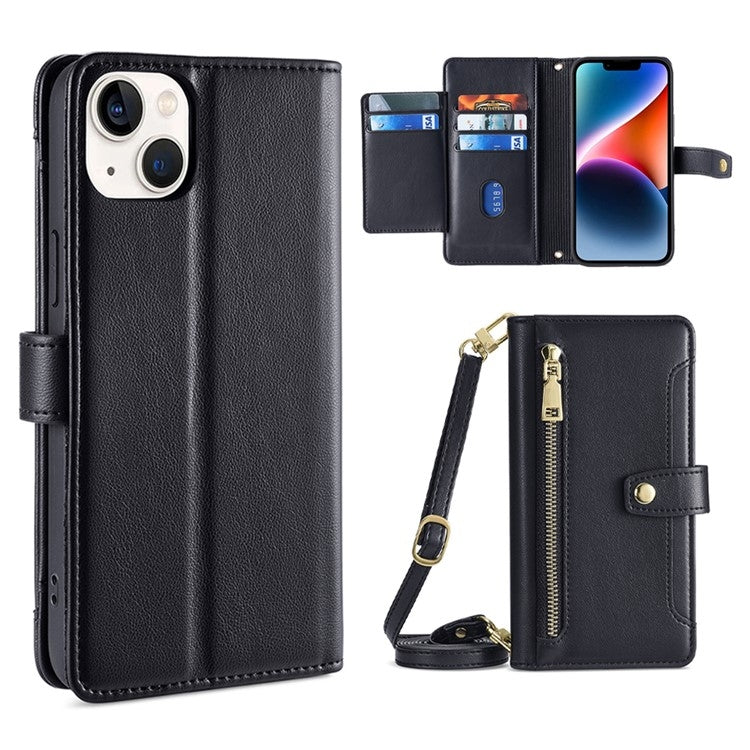 For iPhone 14 Plus Sheep Texture Cross-body Zipper Wallet Leather Phone Case(Black) - iPhone 14 Plus Cases by buy2fix | Online Shopping UK | buy2fix