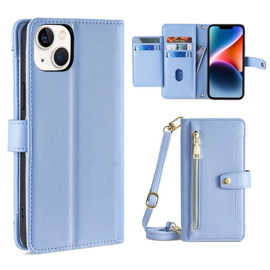 For iPhone 14 Plus Sheep Texture Cross-body Zipper Wallet Leather Phone Case(Blue) - iPhone 14 Plus Cases by buy2fix | Online Shopping UK | buy2fix