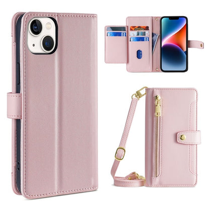 For iPhone 14 Plus Sheep Texture Cross-body Zipper Wallet Leather Phone Case(Pink) - iPhone 14 Plus Cases by buy2fix | Online Shopping UK | buy2fix