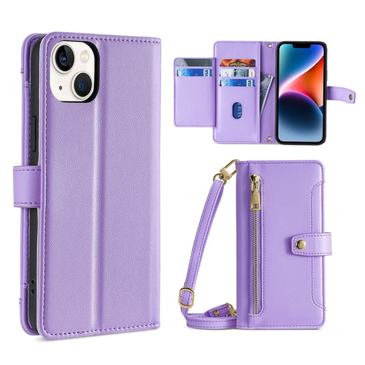 For iPhone 14 Plus Sheep Texture Cross-body Zipper Wallet Leather Phone Case(Purple) - iPhone 14 Plus Cases by buy2fix | Online Shopping UK | buy2fix
