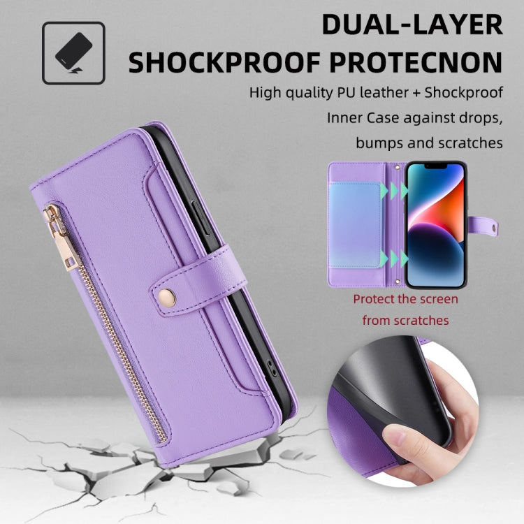 For iPhone 14 Plus Sheep Texture Cross-body Zipper Wallet Leather Phone Case(Purple) - iPhone 14 Plus Cases by buy2fix | Online Shopping UK | buy2fix