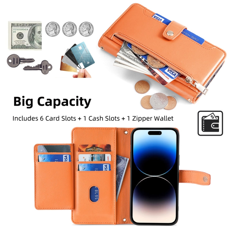 For iPhone 14 Pro Sheep Texture Cross-body Zipper Wallet Leather Phone Case(Orange) - iPhone 14 Pro Cases by buy2fix | Online Shopping UK | buy2fix