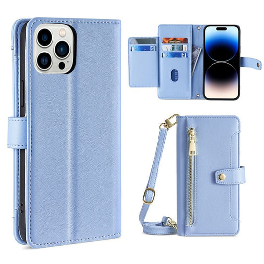 For iPhone 14 Pro Sheep Texture Cross-body Zipper Wallet Leather Phone Case(Blue) - iPhone 14 Pro Cases by buy2fix | Online Shopping UK | buy2fix