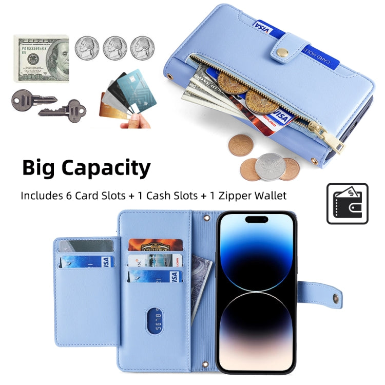 For iPhone 14 Pro Sheep Texture Cross-body Zipper Wallet Leather Phone Case(Blue) - iPhone 14 Pro Cases by buy2fix | Online Shopping UK | buy2fix