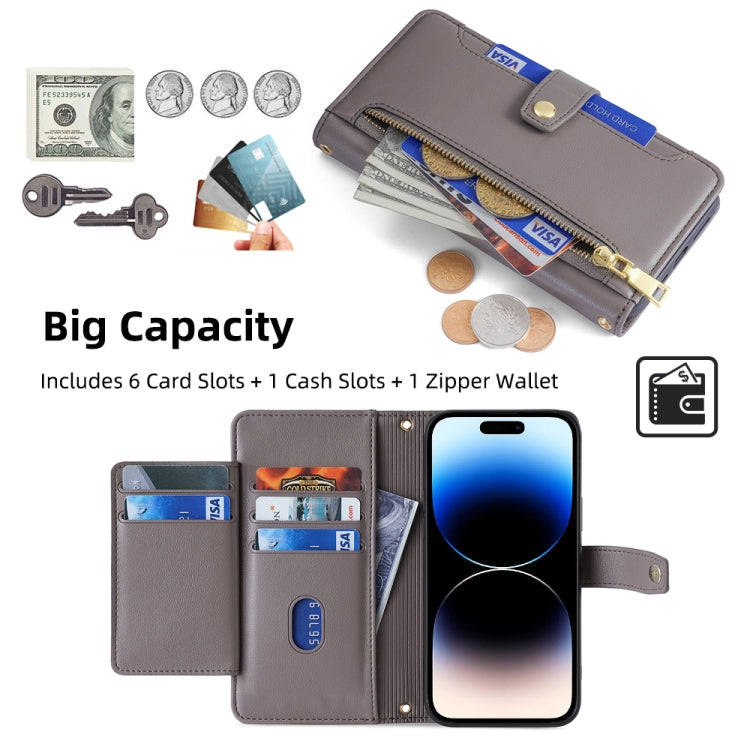 For iPhone 14 Pro Sheep Texture Cross-body Zipper Wallet Leather Phone Case(Grey) - iPhone 14 Pro Cases by buy2fix | Online Shopping UK | buy2fix