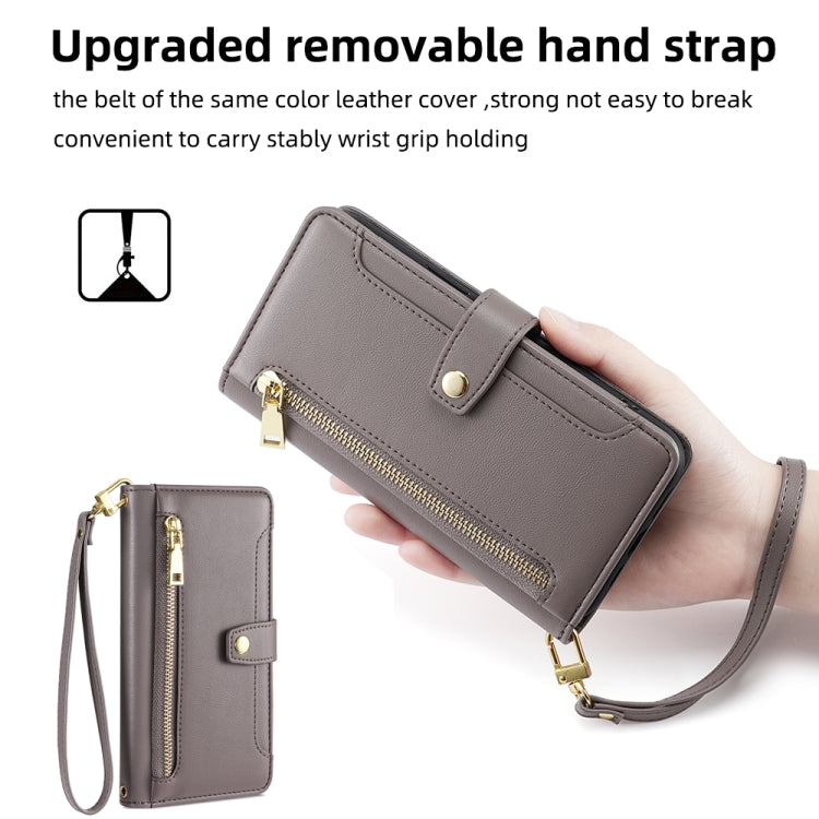 For iPhone 14 Pro Sheep Texture Cross-body Zipper Wallet Leather Phone Case(Grey) - iPhone 14 Pro Cases by buy2fix | Online Shopping UK | buy2fix