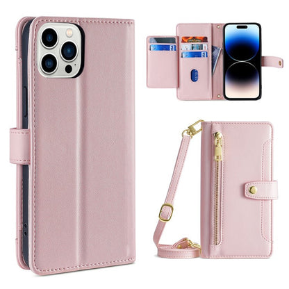 For iPhone 14 Pro Sheep Texture Cross-body Zipper Wallet Leather Phone Case(Pink) - iPhone 14 Pro Cases by buy2fix | Online Shopping UK | buy2fix