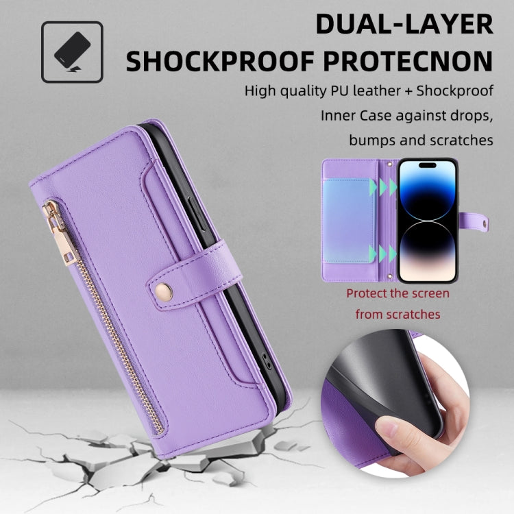 For iPhone 14 Pro Sheep Texture Cross-body Zipper Wallet Leather Phone Case(Purple) - iPhone 14 Pro Cases by buy2fix | Online Shopping UK | buy2fix