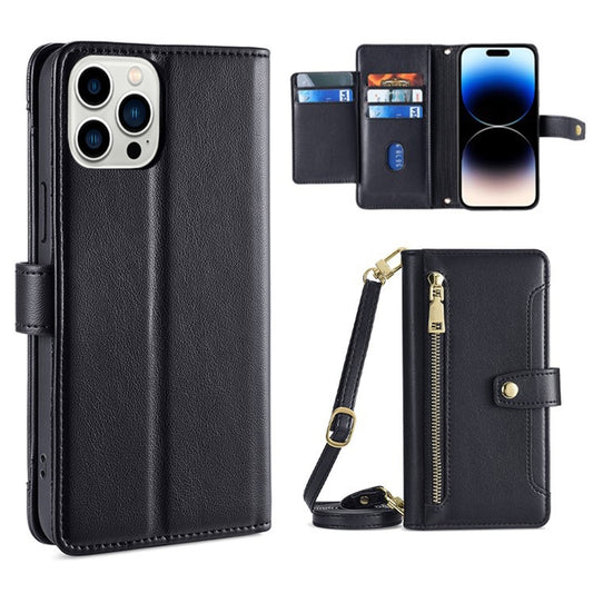 For iPhone 14 Pro Max Sheep Texture Cross-body Zipper Wallet Leather Phone Case(Black) - iPhone 14 Pro Max Cases by buy2fix | Online Shopping UK | buy2fix