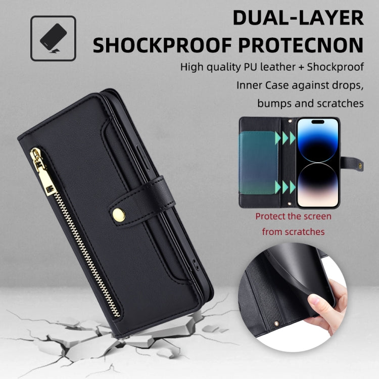 For iPhone 14 Pro Max Sheep Texture Cross-body Zipper Wallet Leather Phone Case(Black) - iPhone 14 Pro Max Cases by buy2fix | Online Shopping UK | buy2fix