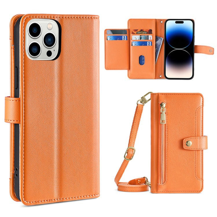 For iPhone 14 Pro Max Sheep Texture Cross-body Zipper Wallet Leather Phone Case(Orange) - iPhone 14 Pro Max Cases by buy2fix | Online Shopping UK | buy2fix