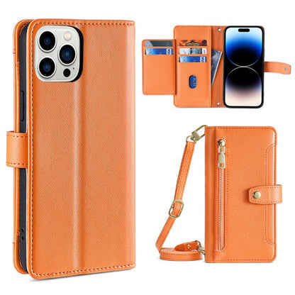 For iPhone 14 Pro Max Sheep Texture Cross-body Zipper Wallet Leather Phone Case(Orange) - iPhone 14 Pro Max Cases by buy2fix | Online Shopping UK | buy2fix