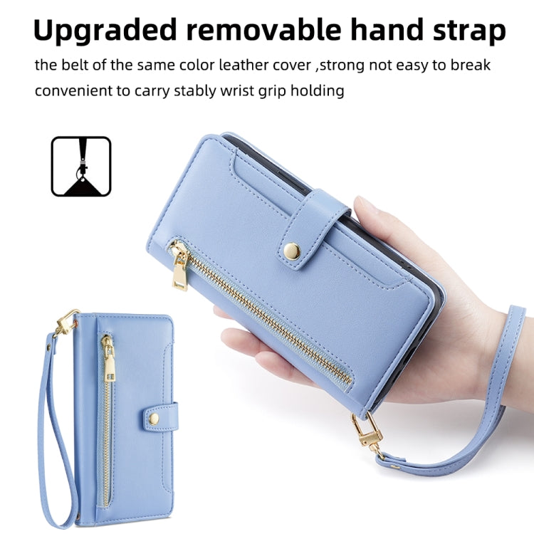 For iPhone 14 Pro Max Sheep Texture Cross-body Zipper Wallet Leather Phone Case(Blue) - iPhone 14 Pro Max Cases by buy2fix | Online Shopping UK | buy2fix