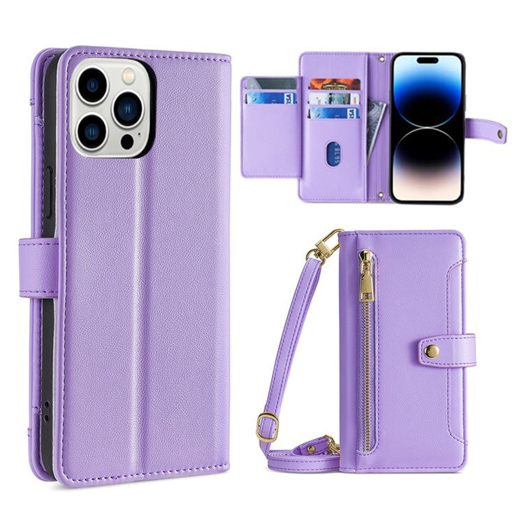 For iPhone 14 Pro Max Sheep Texture Cross-body Zipper Wallet Leather Phone Case(Purple) - iPhone 14 Pro Max Cases by buy2fix | Online Shopping UK | buy2fix