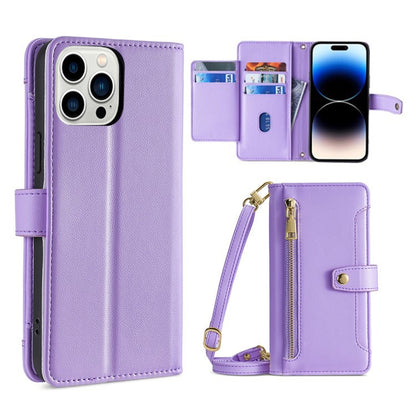 For iPhone 14 Pro Max Sheep Texture Cross-body Zipper Wallet Leather Phone Case(Purple) - iPhone 14 Pro Max Cases by buy2fix | Online Shopping UK | buy2fix