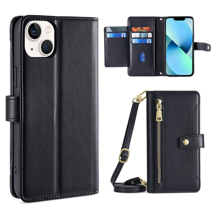 For iPhone 13 mini Sheep Texture Cross-body Zipper Wallet Leather Phone Case(Black) - iPhone 13 mini Cases by buy2fix | Online Shopping UK | buy2fix