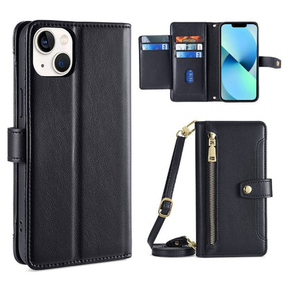 For iPhone 13 mini Sheep Texture Cross-body Zipper Wallet Leather Phone Case(Black) - iPhone 13 mini Cases by buy2fix | Online Shopping UK | buy2fix