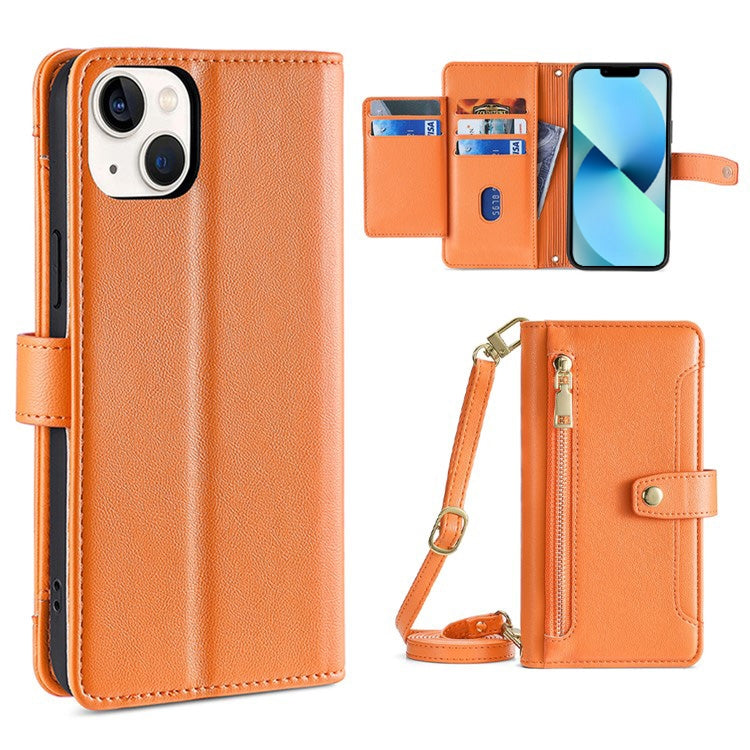 For iPhone 13 mini Sheep Texture Cross-body Zipper Wallet Leather Phone Case(Orange) - iPhone 13 mini Cases by buy2fix | Online Shopping UK | buy2fix