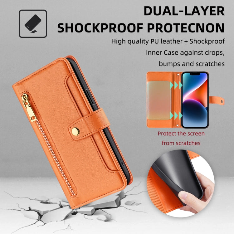 For iPhone 13 mini Sheep Texture Cross-body Zipper Wallet Leather Phone Case(Orange) - iPhone 13 mini Cases by buy2fix | Online Shopping UK | buy2fix