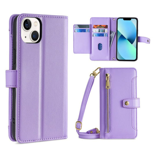 For iPhone 13 mini Sheep Texture Cross-body Zipper Wallet Leather Phone Case(Purple) - iPhone 13 mini Cases by buy2fix | Online Shopping UK | buy2fix