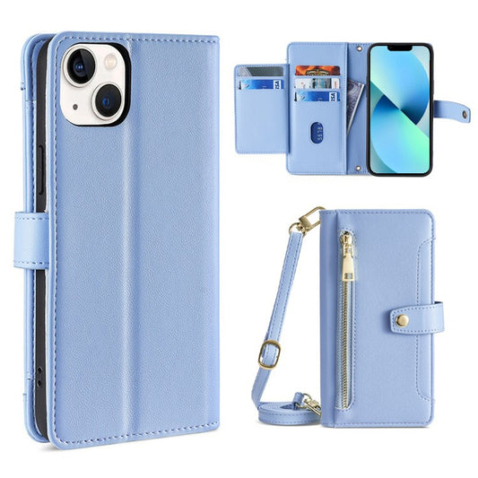 For iPhone 13 Sheep Texture Cross-body Zipper Wallet Leather Phone Case(Blue) - iPhone 13 Cases by buy2fix | Online Shopping UK | buy2fix
