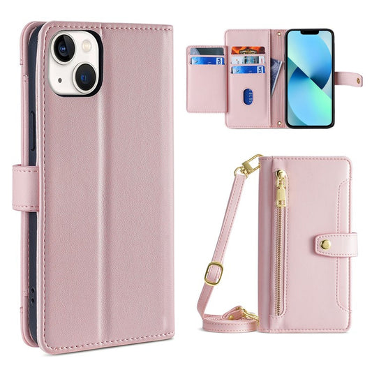 For iPhone 13 Sheep Texture Cross-body Zipper Wallet Leather Phone Case(Pink) - iPhone 13 Cases by buy2fix | Online Shopping UK | buy2fix