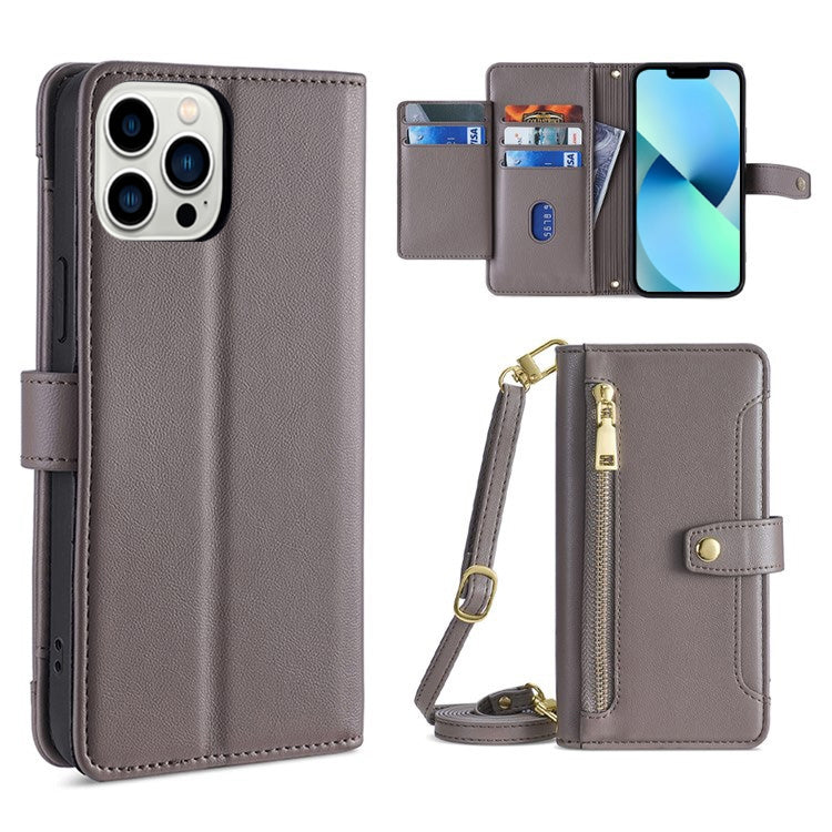 For iPhone 13 Pro Sheep Texture Cross-body Zipper Wallet Leather Phone Case(Grey) - iPhone 13 Pro Cases by buy2fix | Online Shopping UK | buy2fix