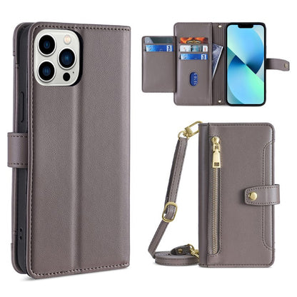 For iPhone 13 Pro Sheep Texture Cross-body Zipper Wallet Leather Phone Case(Grey) - iPhone 13 Pro Cases by buy2fix | Online Shopping UK | buy2fix