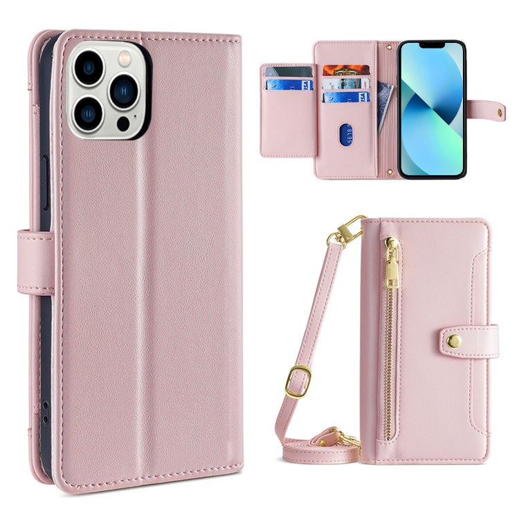 For iPhone 13 Pro Sheep Texture Cross-body Zipper Wallet Leather Phone Case(Pink) - iPhone 13 Pro Cases by buy2fix | Online Shopping UK | buy2fix