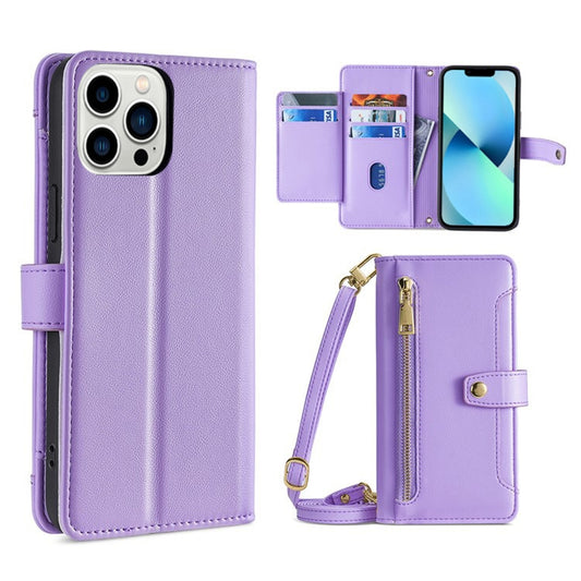 For iPhone 13 Pro Sheep Texture Cross-body Zipper Wallet Leather Phone Case(Purple) - iPhone 13 Pro Cases by buy2fix | Online Shopping UK | buy2fix