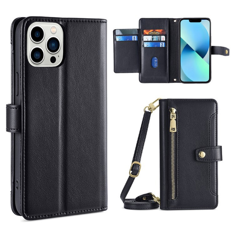 For iPhone 13 Pro Max Sheep Texture Cross-body Zipper Wallet Leather Phone Case(Black) - iPhone 13 Pro Max Cases by buy2fix | Online Shopping UK | buy2fix