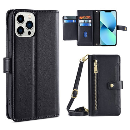 For iPhone 13 Pro Max Sheep Texture Cross-body Zipper Wallet Leather Phone Case(Black) - iPhone 13 Pro Max Cases by buy2fix | Online Shopping UK | buy2fix