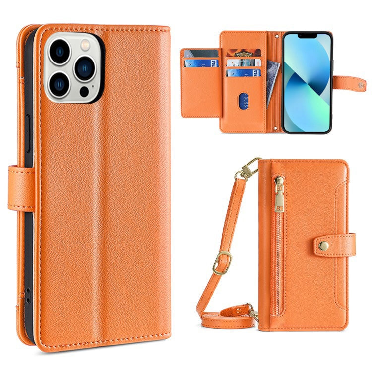 For iPhone 13 Pro Max Sheep Texture Cross-body Zipper Wallet Leather Phone Case(Orange) - iPhone 13 Pro Max Cases by buy2fix | Online Shopping UK | buy2fix
