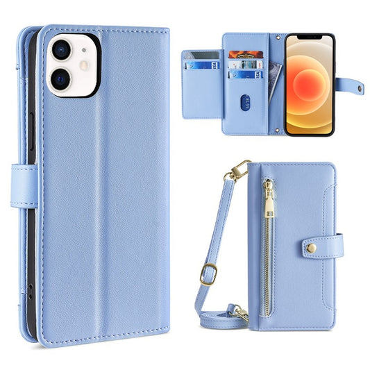 For iPhone 12 mini Sheep Texture Cross-body Zipper Wallet Leather Phone Case(Blue) - iPhone 12 mini Cases by buy2fix | Online Shopping UK | buy2fix