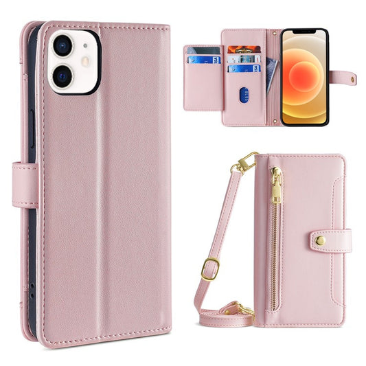 For iPhone 12 mini Sheep Texture Cross-body Zipper Wallet Leather Phone Case(Pink) - iPhone 12 mini Cases by buy2fix | Online Shopping UK | buy2fix