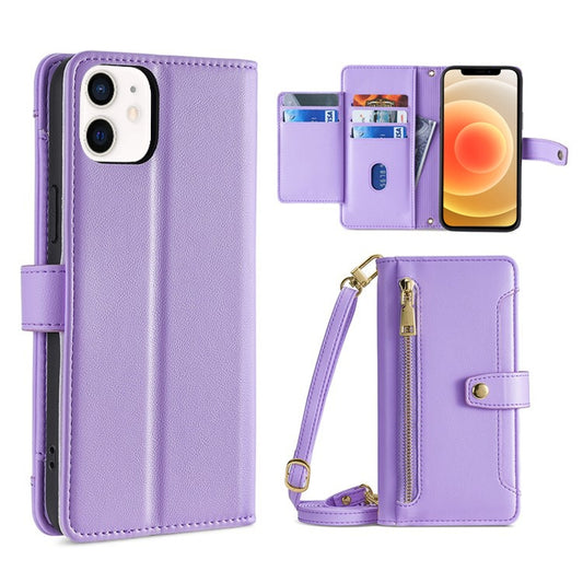 For iPhone 12 mini Sheep Texture Cross-body Zipper Wallet Leather Phone Case(Purple) - iPhone 12 mini Cases by buy2fix | Online Shopping UK | buy2fix