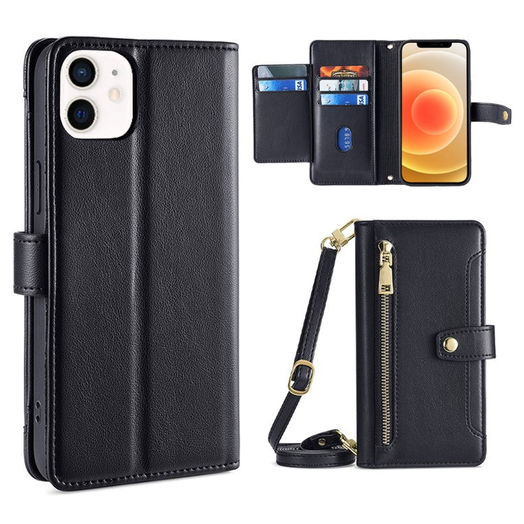 For iPhone 12 / 12 Pro Sheep Texture Cross-body Zipper Wallet Leather Phone Case(Black) - iPhone 12 / 12 Pro Cases by buy2fix | Online Shopping UK | buy2fix