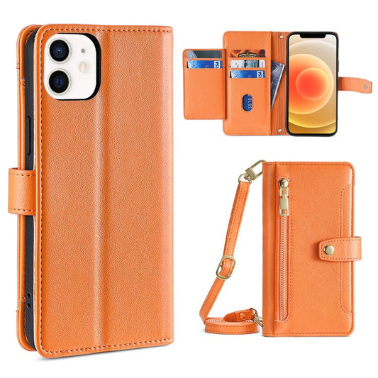 For iPhone 12 / 12 Pro Sheep Texture Cross-body Zipper Wallet Leather Phone Case(Orange) - iPhone 12 / 12 Pro Cases by buy2fix | Online Shopping UK | buy2fix