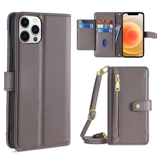 For iPhone 12 Pro Max Sheep Texture Cross-body Zipper Wallet Leather Phone Case(Grey) - iPhone 12 Pro Max Cases by buy2fix | Online Shopping UK | buy2fix