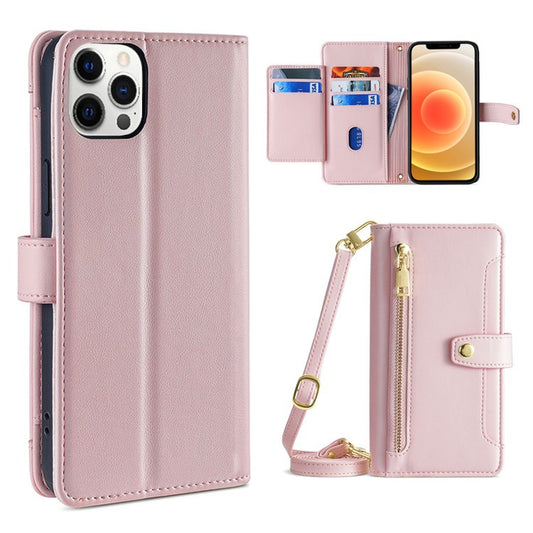 For iPhone 12 Pro Max Sheep Texture Cross-body Zipper Wallet Leather Phone Case(Pink) - iPhone 12 Pro Max Cases by buy2fix | Online Shopping UK | buy2fix