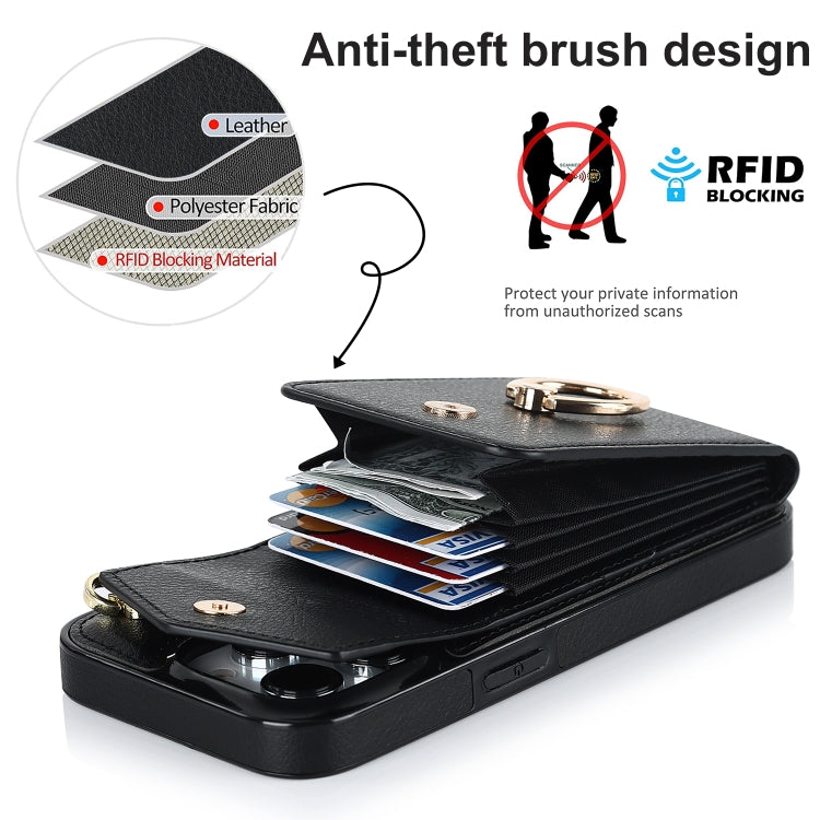 For iPhone 14 Ring Holder RFID Card Slot Phone Case with Long Lanyard(Black) - iPhone 14 Cases by buy2fix | Online Shopping UK | buy2fix