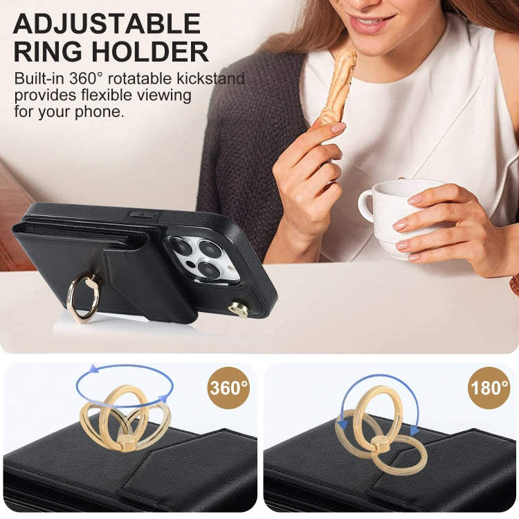For iPhone 14 Ring Holder RFID Card Slot Phone Case with Long Lanyard(Black) - iPhone 14 Cases by buy2fix | Online Shopping UK | buy2fix