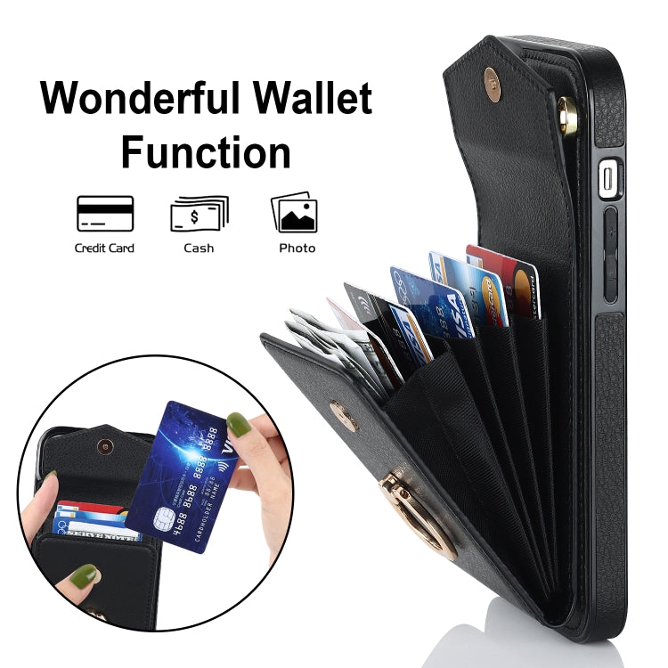 For iPhone 14 Ring Holder RFID Card Slot Phone Case with Long Lanyard(Black) - iPhone 14 Cases by buy2fix | Online Shopping UK | buy2fix