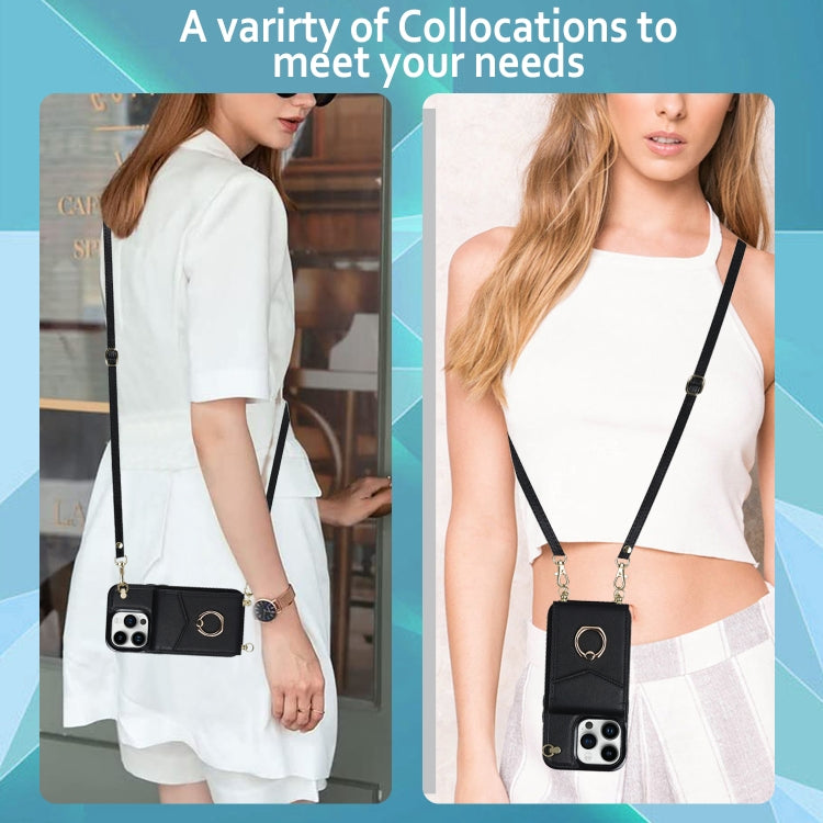 For iPhone 14 Ring Holder RFID Card Slot Phone Case with Long Lanyard(Black) - iPhone 14 Cases by buy2fix | Online Shopping UK | buy2fix
