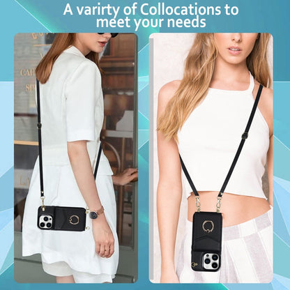 For iPhone 14 Ring Holder RFID Card Slot Phone Case with Long Lanyard(Black) - iPhone 14 Cases by buy2fix | Online Shopping UK | buy2fix