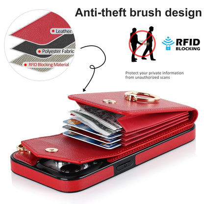 For iPhone 14 Ring Holder RFID Card Slot Phone Case with Long Lanyard(Red) - iPhone 14 Cases by buy2fix | Online Shopping UK | buy2fix