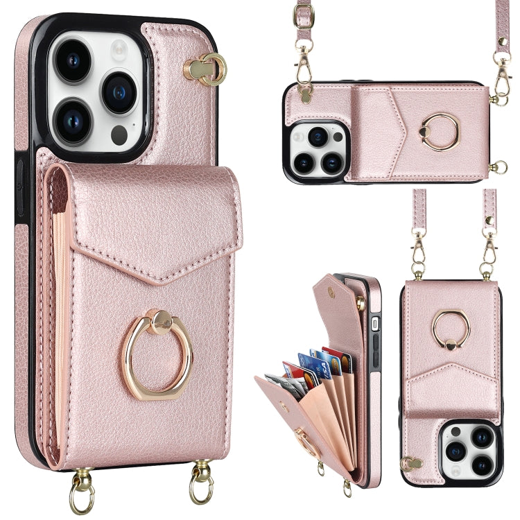 For iPhone 14 Ring Holder RFID Card Slot Phone Case with Long Lanyard(Rose Gold) - iPhone 14 Cases by buy2fix | Online Shopping UK | buy2fix