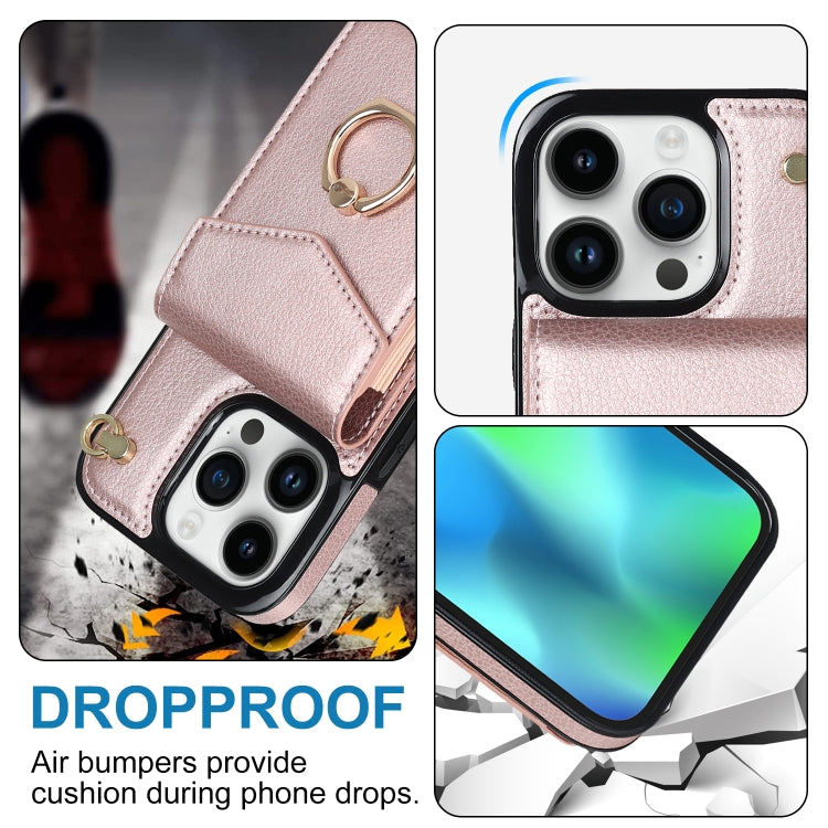 For iPhone 14 Ring Holder RFID Card Slot Phone Case with Long Lanyard(Rose Gold) - iPhone 14 Cases by buy2fix | Online Shopping UK | buy2fix
